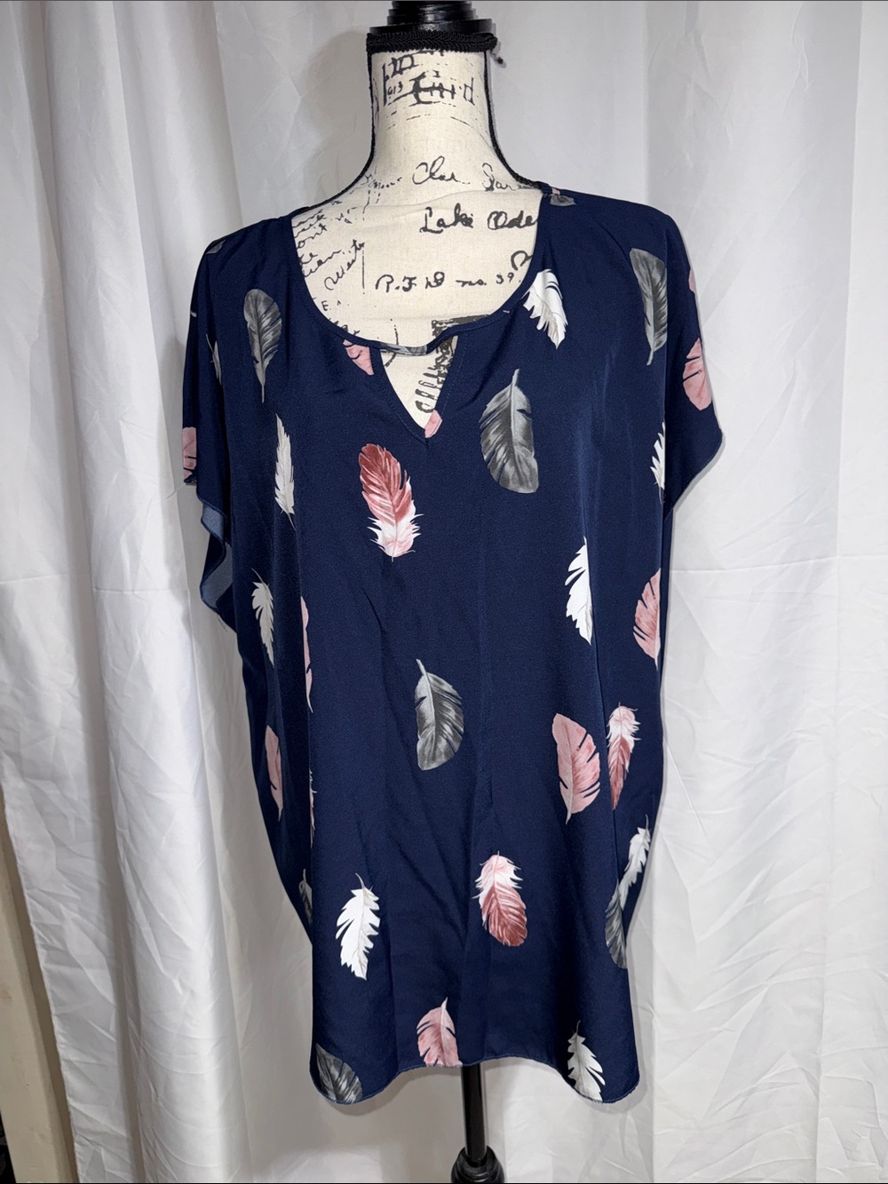 SHEIN Navy Feather Print Short Sleeve Blouse